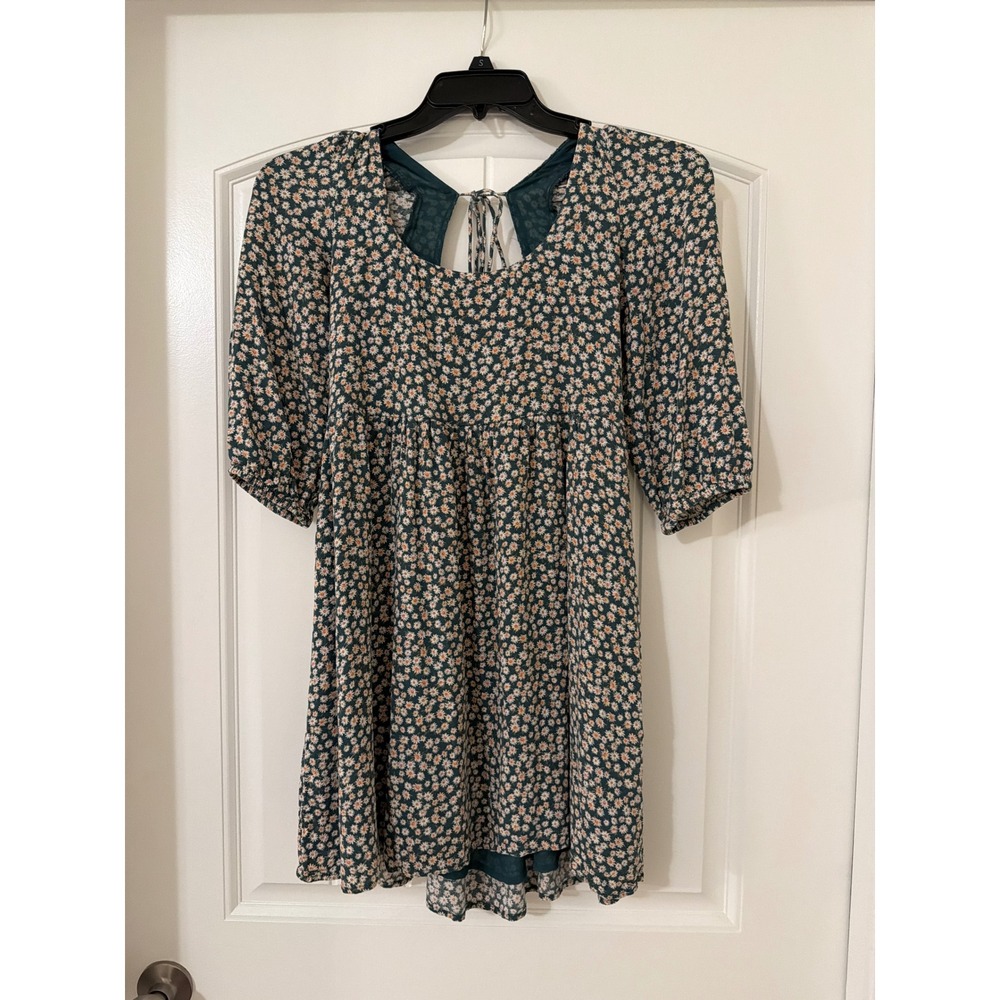 American Eagle Teal Floral Daisy Babydoll Mini Dress Open Back Tie XS